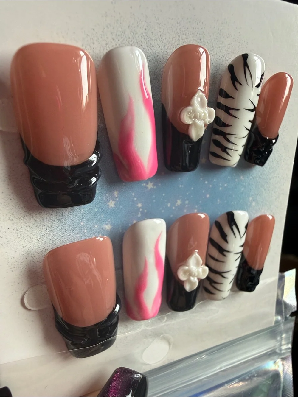 Neutral & Pink Accent Press-On Nail Set with Zebra and Floral Details